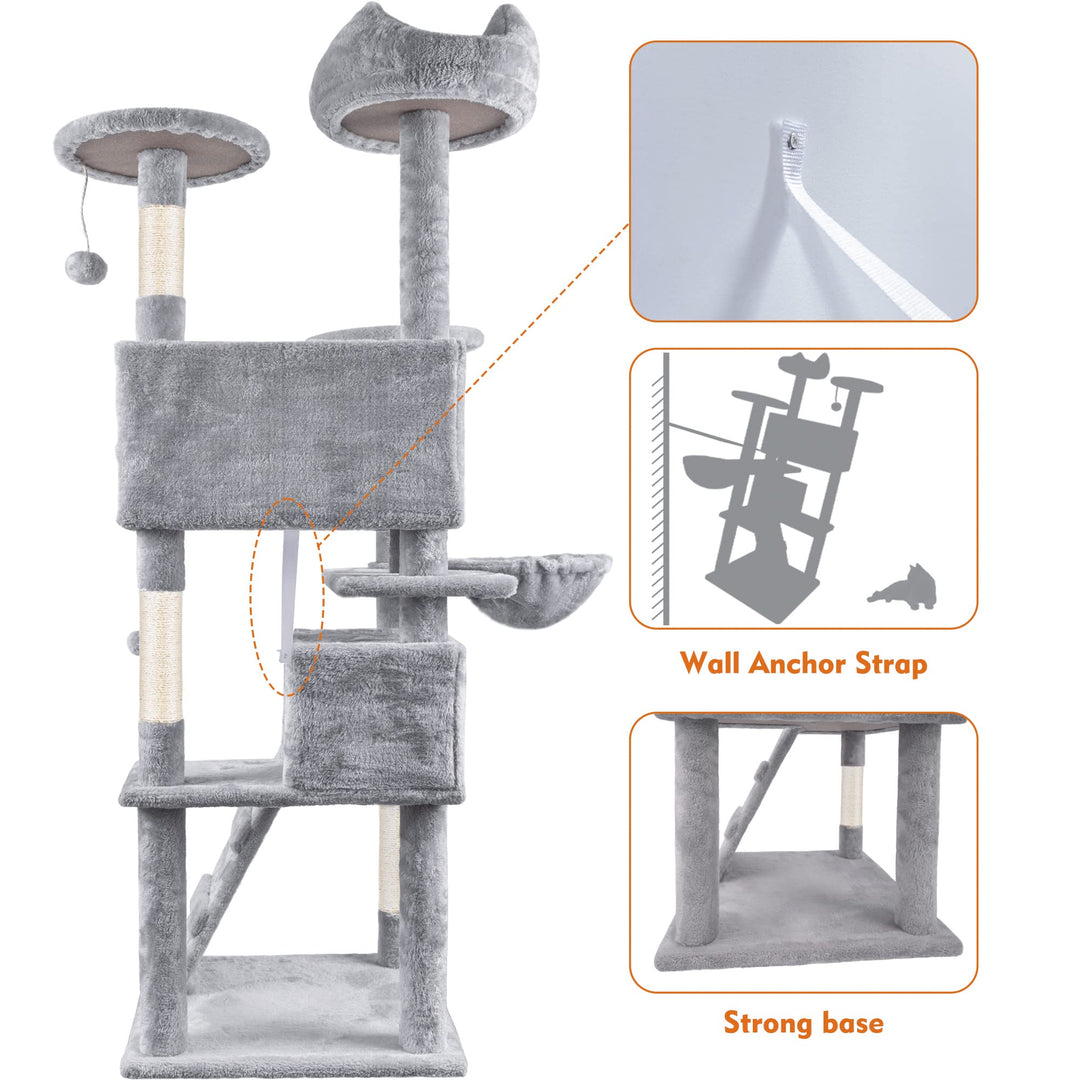 HOMIDEC Cat Tree, 151cm Cat Scratching Post Stable Cat Tower for Indoor Cat, Activity Centre Cat Climbing Tree with 2 Cat Houses