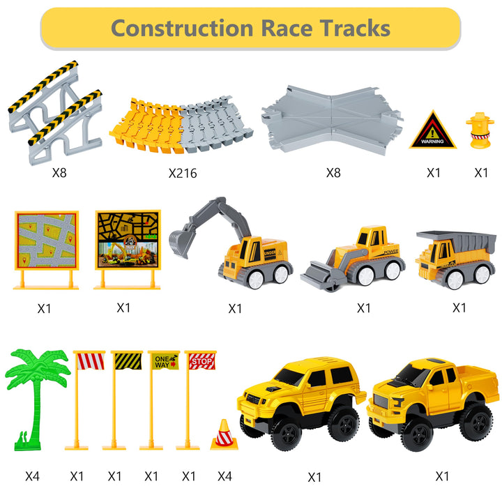 Kids Toys 253 PCS Construction Race Tracks Toy for 3 4 5 6 7 8 Year Old Boys Girls, 5 PCS Construction Truck Car and Flexible Track Play Set Create A Engineering Road Games Toddler Toys Birthday Gifts