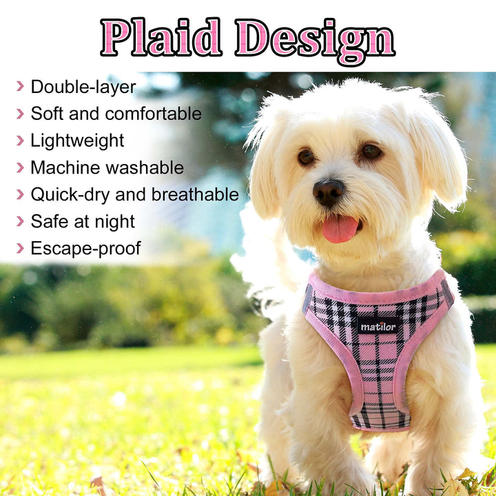 matilor Dog Harness Step-in Breathable Puppy Cat Dog Vest Harnesses for Small Medium Dogs Pink Plaid