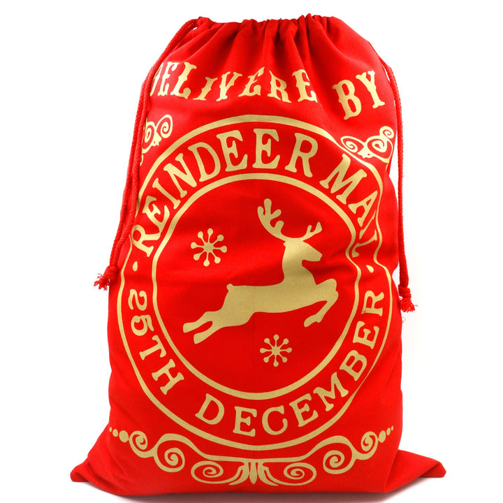 Red Santa Sack - Christmas Reindeer Drawstring Bag