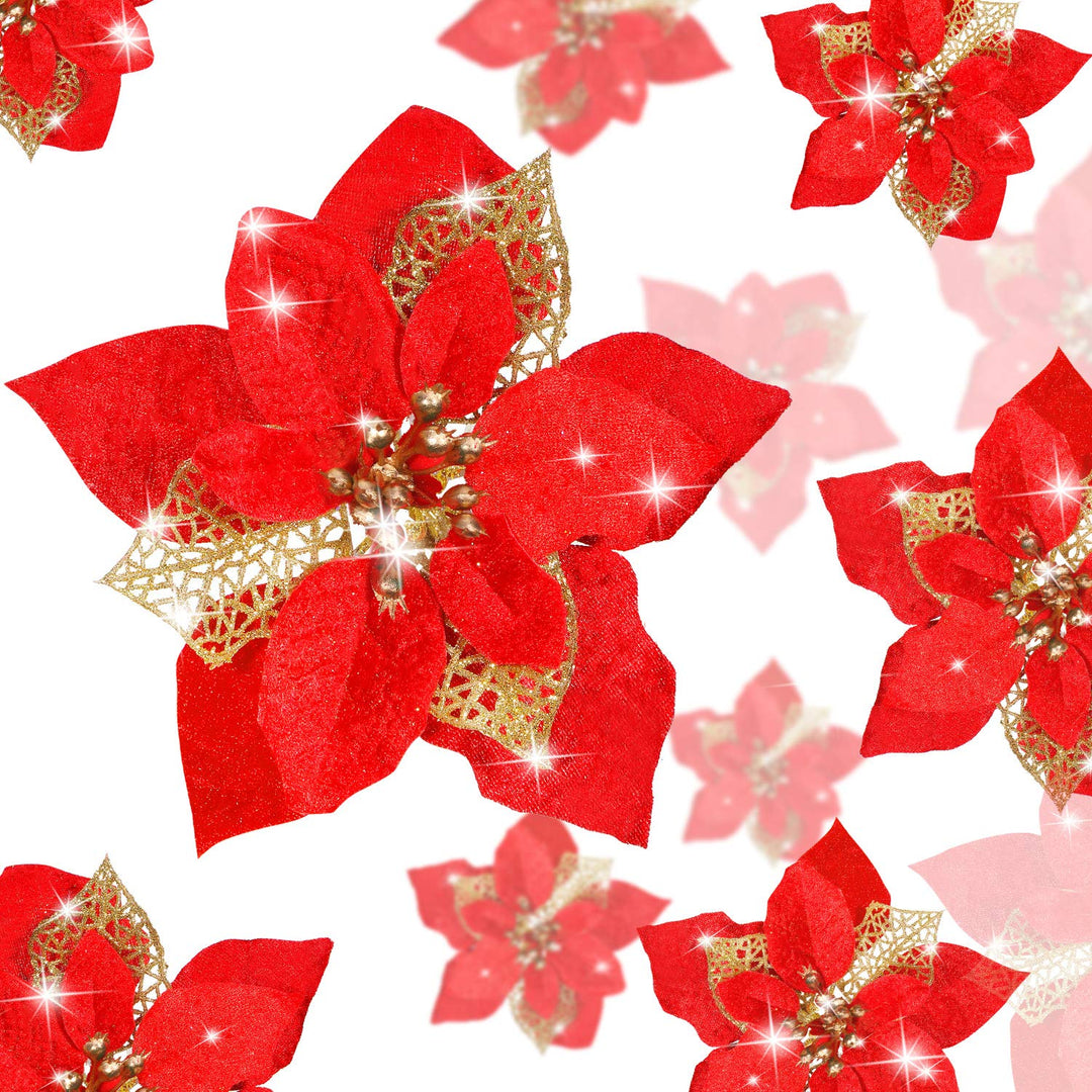 24 Red Glitter Poinsettia Christmas Ornaments