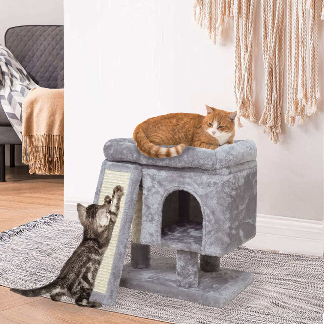 SYANDLVY Small Cat Tree for Indoor Cats, Modern Cat Activity Tower with Plush Perch, Kittens Condo with Scratching Post and Board