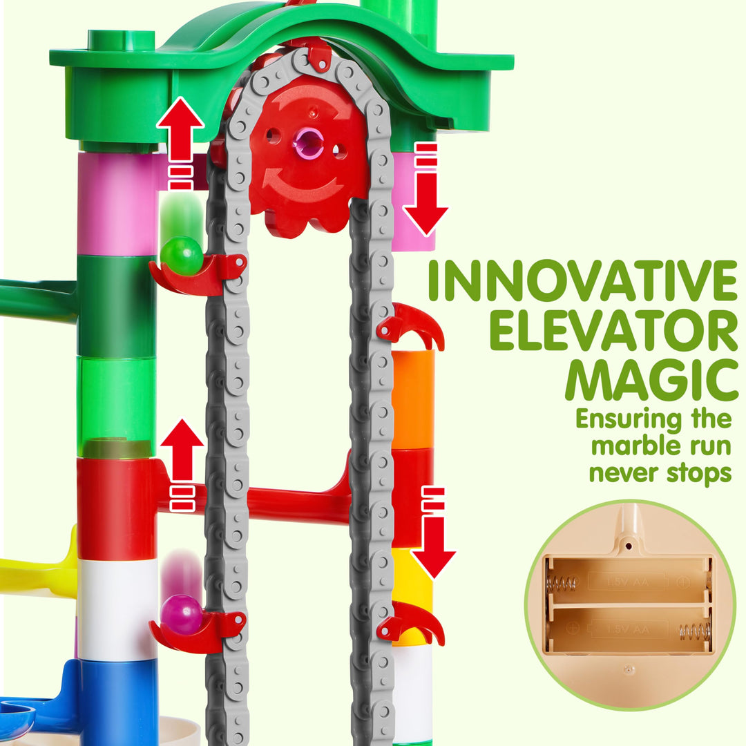 JOYIN 236Pcs Glowing Marble Run with Motorized Elevator- Construction Building Blocks Toys with 30 Glow in The Dark Plastic Marbles for kids, STEM Gifts for 7 year old Boys and Girls