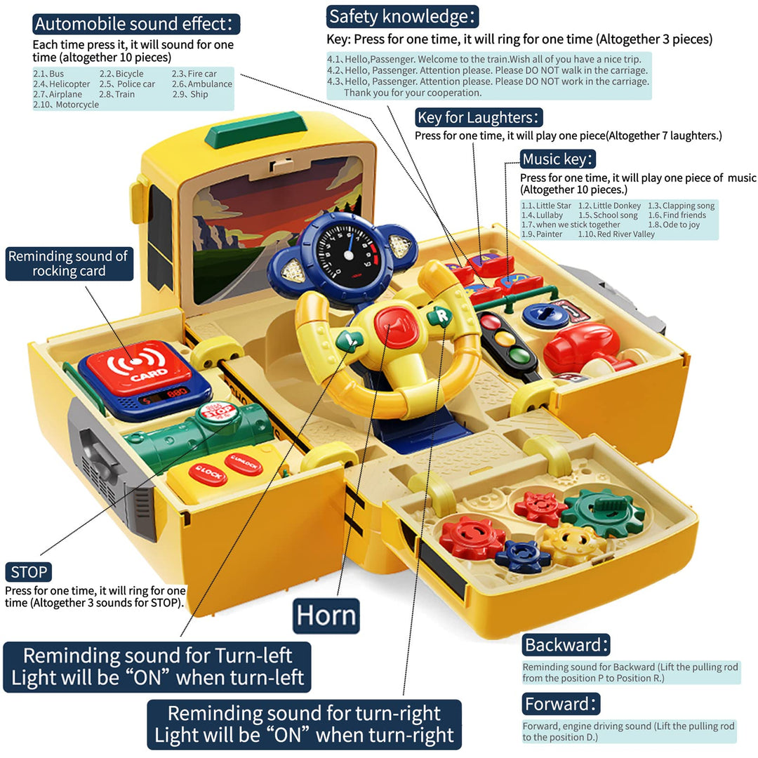 HONGTUO School Bus Toy with Sound and Light, Simulation Steering Wheel Gear Toy, Toddlers School Bus Toys with Music Education Knowledge Simulation