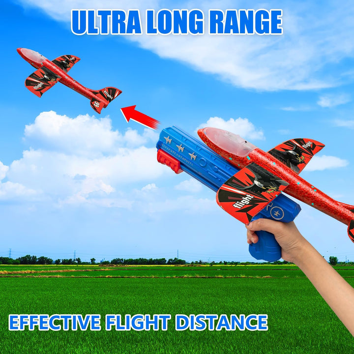 Dioju 5 Pack LED Airplane Launcher Toys with Catapult Gun, 2 Flight Mode Glider Flying Planes, Outdoor Garden Activities Aeroplane Gifts for Aged 3 4 5 6 7 8 9 10 11 12 Year Old Kids Boys Girls