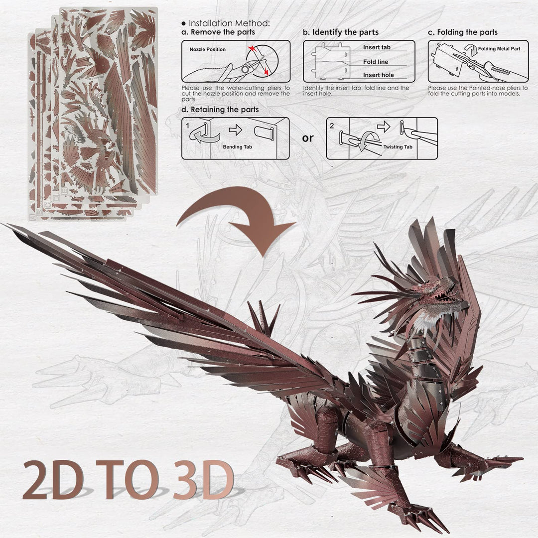 Piececool 3D Puzzles for Adults, Hellstrom Dragon Metal Model Building Kits, Challenging Brain Teaser Metal Puzzles for Stress Relief