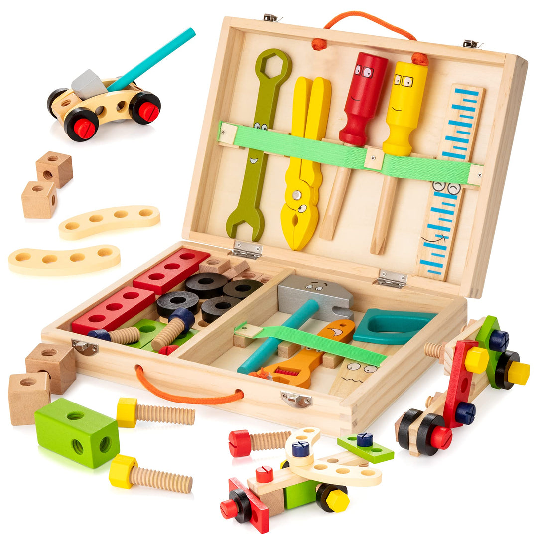 KIDWILL Tool Kit for Kids, Wooden Tool Box with Colorful Wooden Tools