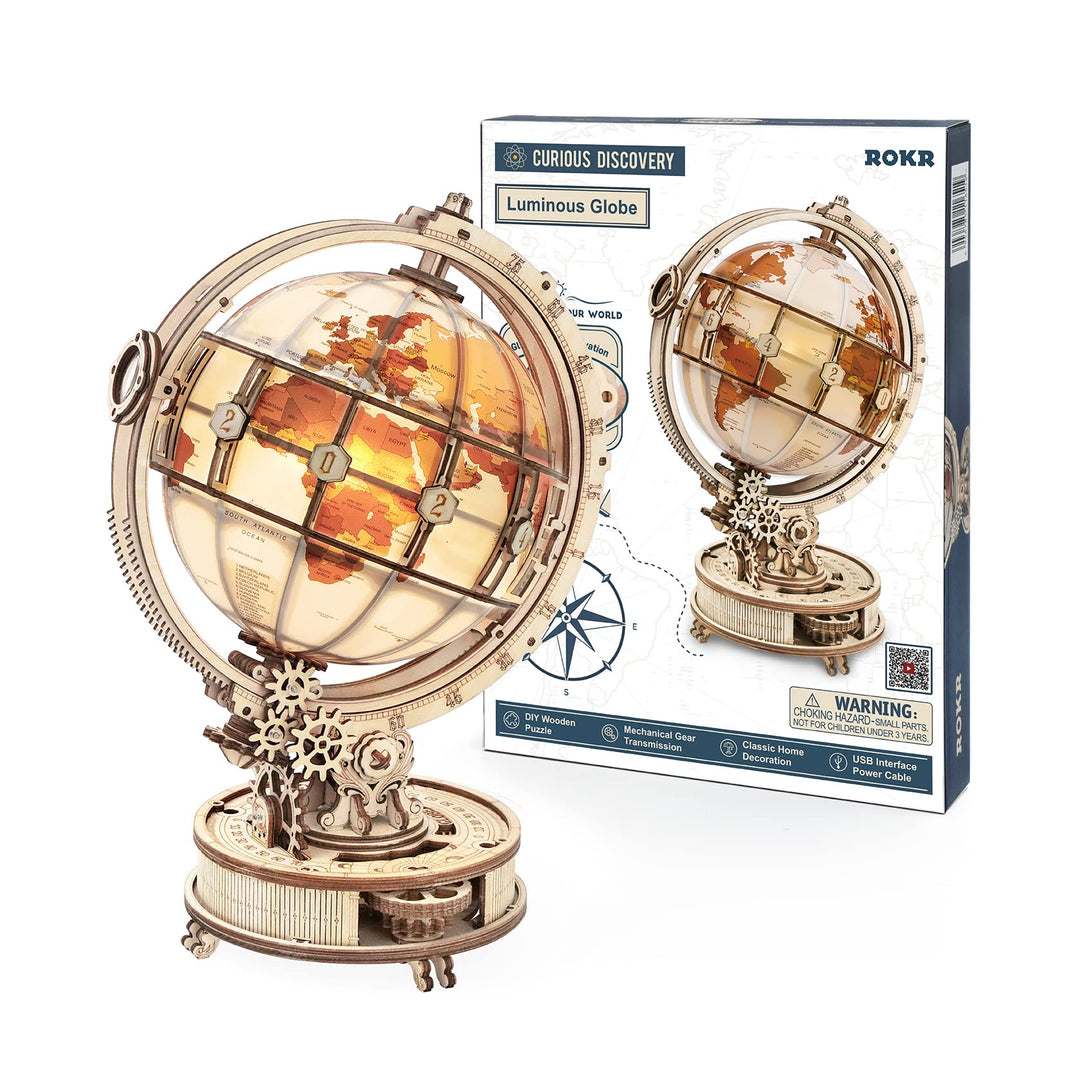 ROKR 3D Wooden Puzzles Luminous Globe 3D Wooden Model Kits to Build for Adults