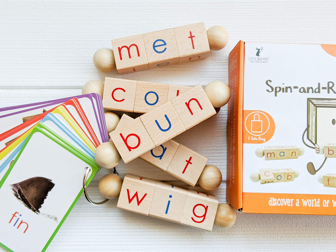 LITTLE BUD KIDS Spin-and-Read Phonics Toy, Rotating Wooden Reading Blocks with CVC Flashcards, A Montessori Reading Learning Resources Toy for 3-5 years old