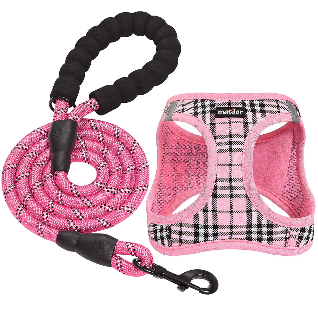 matilor Dog Harness Step-in Breathable Puppy Cat Dog Vest Harnesses for Small Medium Dogs Pink Plaid