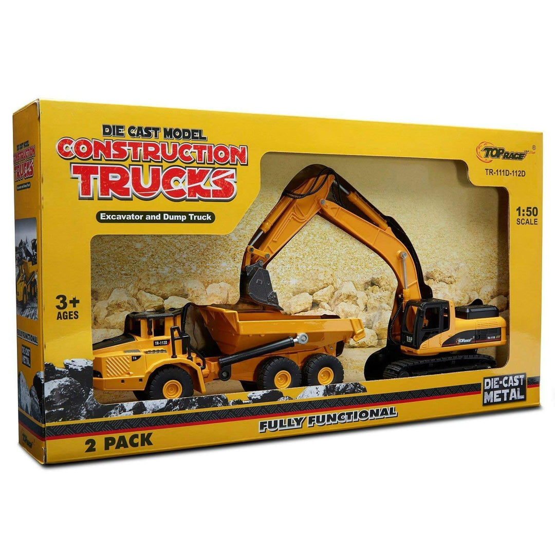 Top Race 2 In 1 Diecast Metal Excavator and Dump Truck Construction Freewheeler Set