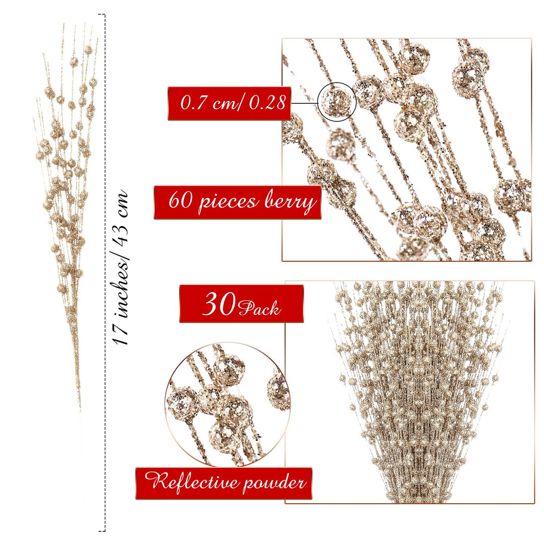 30 Pcs Glitter Berry Stem Picks - Champagne Gold