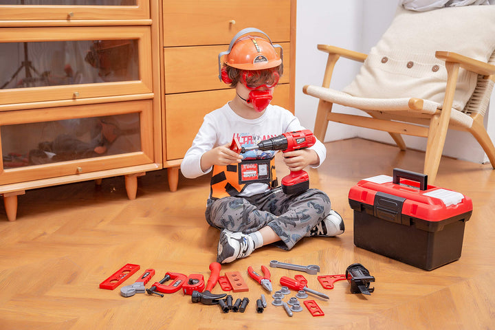 Joyin 40 Pieces Toy Tool Construction Set for Toddler Boys Pretend Play Tool, Kit Playset Including Tool Box Construction Worker Belt, Electric Toy Drill, Helmet and Construction Tool Accessories