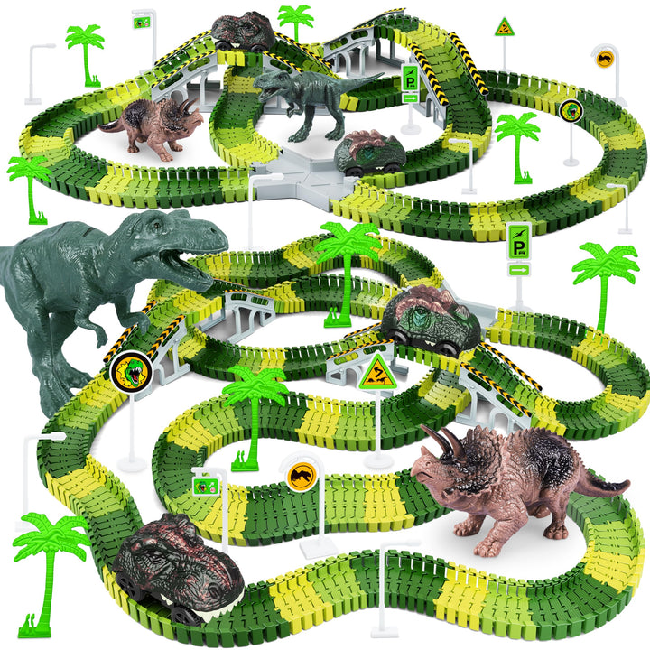 Dinosaur Race Track Car Toy, 252 Pcs Create A Dinosaur World Road Race Tracks, with 2pcs Dinosaur Car,Flexible Track Playset, Birthday Party Gift for 3 4 5 6 Boys Girls Year Old