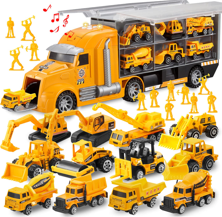 JOYIN 25 in 1 Construction Truck Vehicle Toy Set (Including Transporter Excavator Digger Dumper Tractor) with Sounds and Lights in Carrier Truck, Kids Birthday Gifts for Boys Age 3+