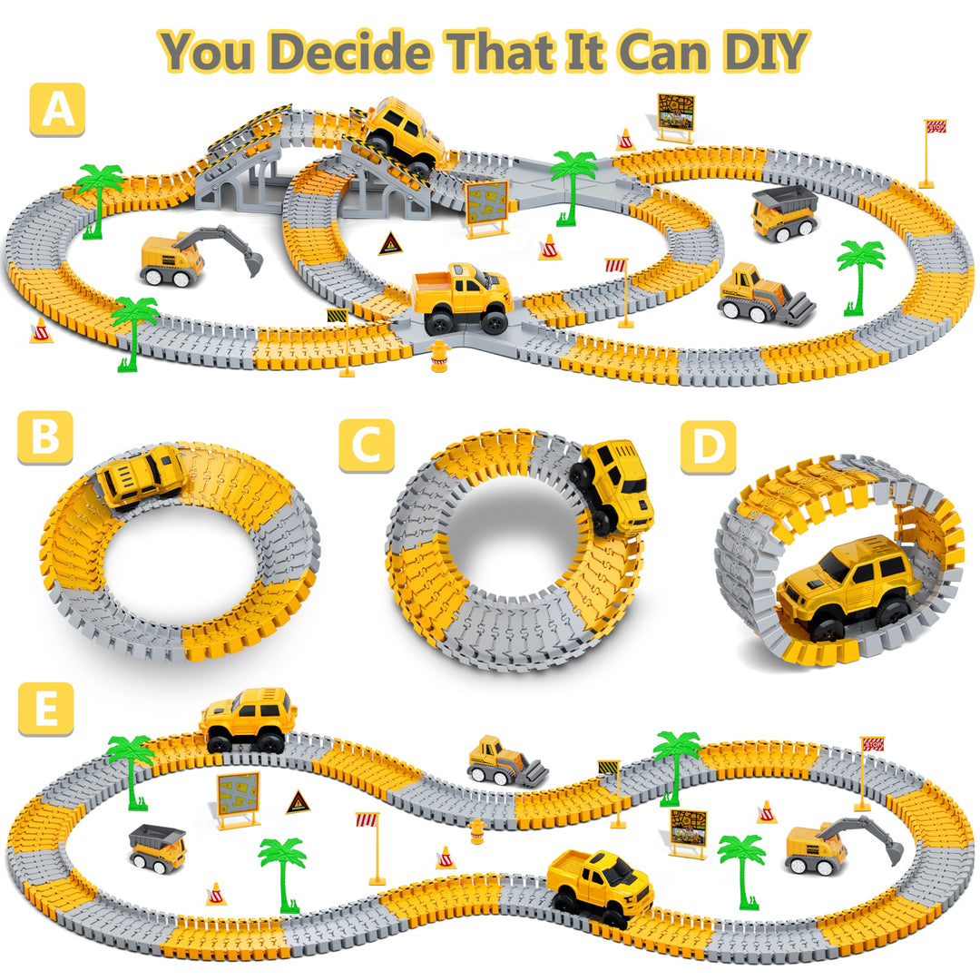 Kids Toys 253 PCS Construction Race Tracks Toy for 3 4 5 6 7 8 Year Old Boys Girls, 5 PCS Construction Truck Car and Flexible Track Play Set Create A Engineering Road Games Toddler Toys Birthday Gifts