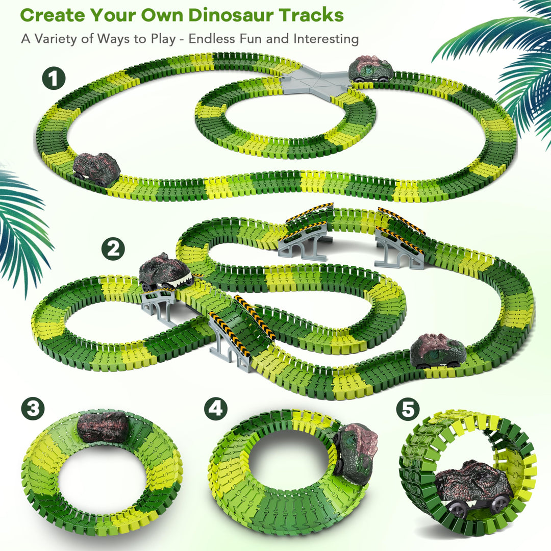 Dinosaur Race Track Car Toy, 252 Pcs Create A Dinosaur World Road Race Tracks, with 2pcs Dinosaur Car,Flexible Track Playset, Birthday Party Gift for 3 4 5 6 Boys Girls Year Old