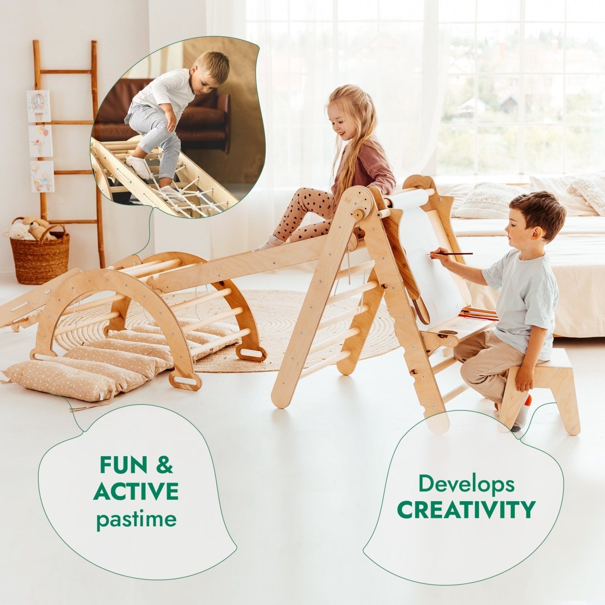 Goodevas 6in1 Montessori Climbing Frame with Slide, Net & Art Board – 6in1 Playsets for children, available at Learning Bugs UK