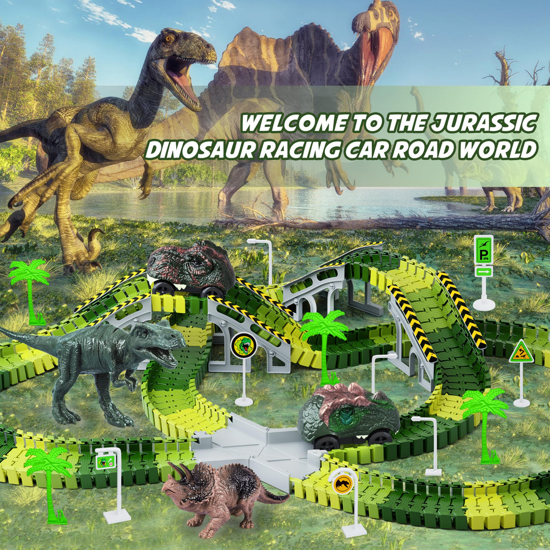 Dinosaur Race Track Car Toy, 252 Pcs Create A Dinosaur World Road Race Tracks, with 2pcs Dinosaur Car,Flexible Track Playset, Birthday Party Gift for 3 4 5 6 Boys Girls Year Old