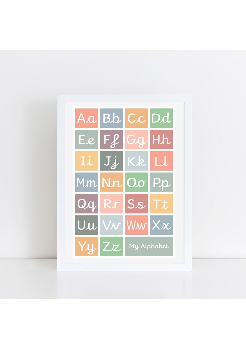 Handwriting Alphabet Print - muted (with lead-in lines) – for children, available at Learning Bugs UK