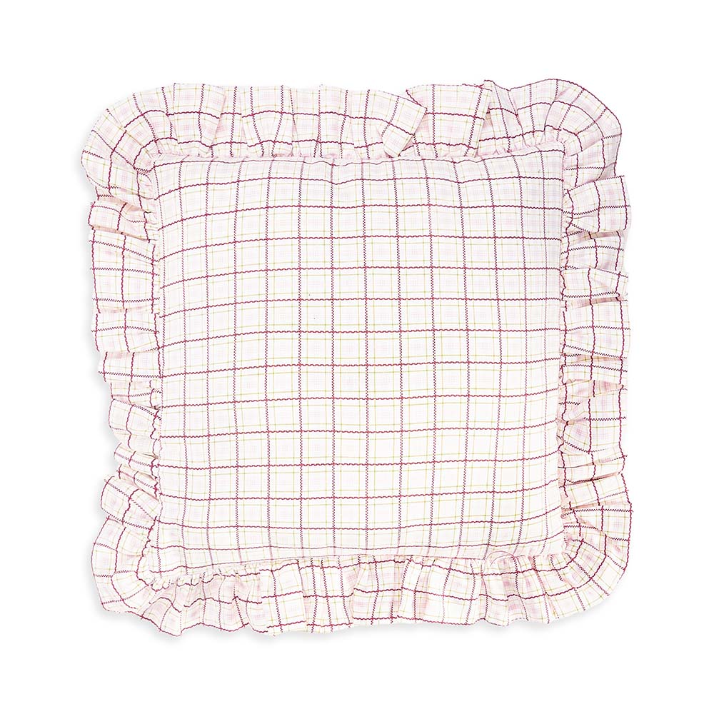 Square Linen Frill Cushion - Pink Check