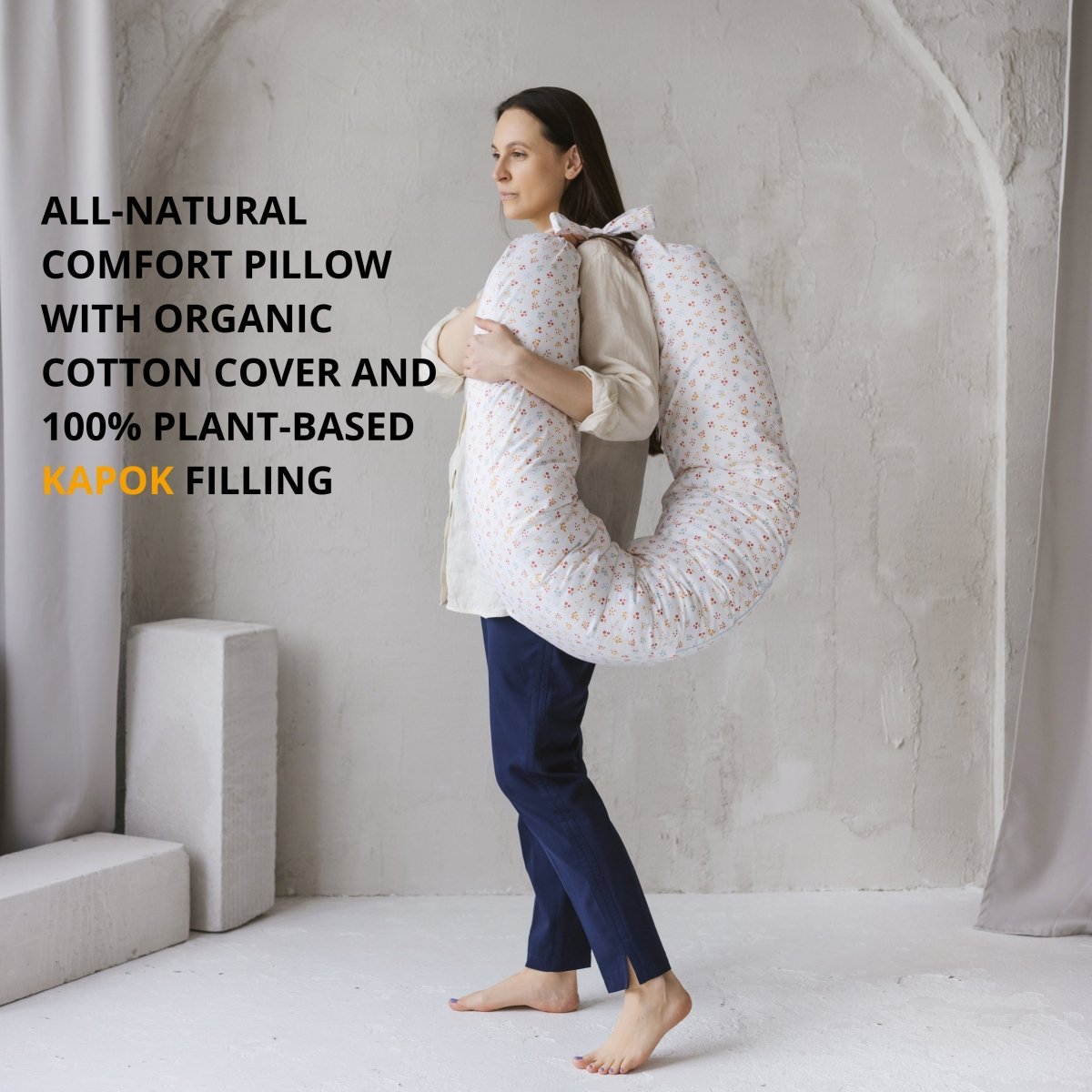 MINICAMP C-Shape Nursing & Maternity Pillow with Organic Milk White Cover | Kapok & Latex Blend or PES Filling – Nursing Pillows for children, available at Learning Bugs UK