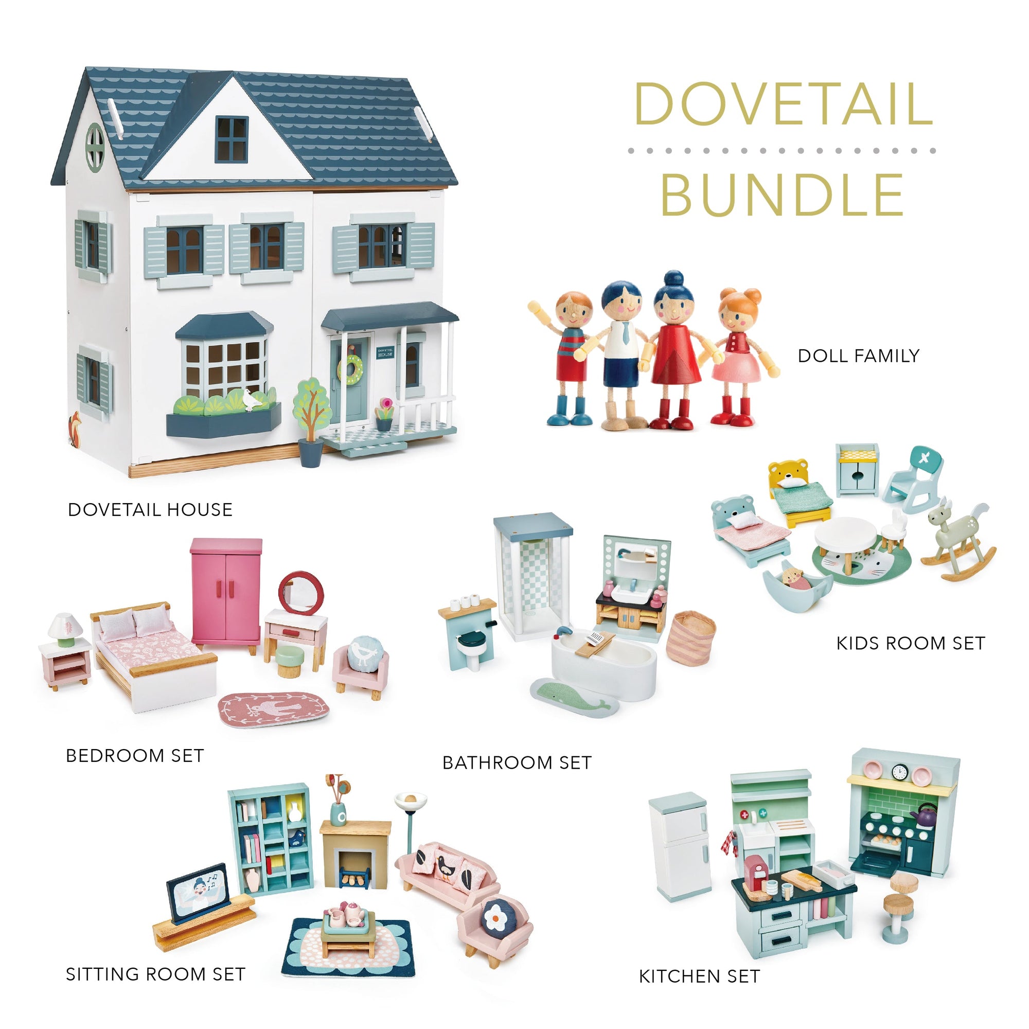 Tender Leaf Dovetail Dolls House Bundle – House, Doll Family & 5 Room Sets