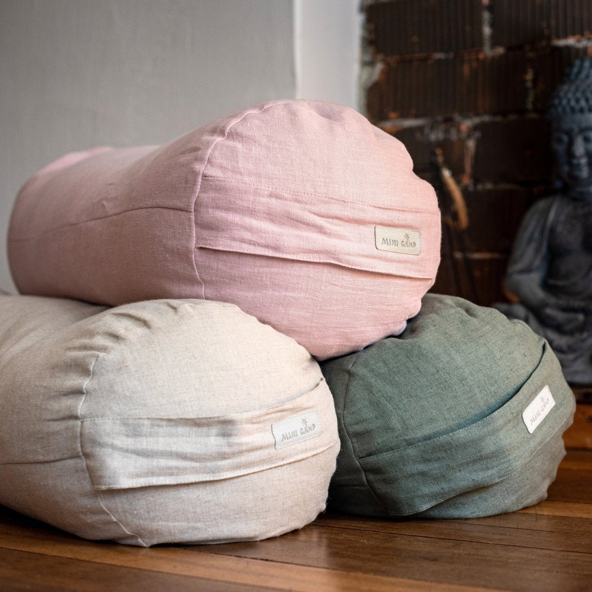 MINICAMP Yoga Bolster Meditation Cushion from 100% Linen in Dusty Pink – Yoga Accessories for children, available at Learning Bugs UK