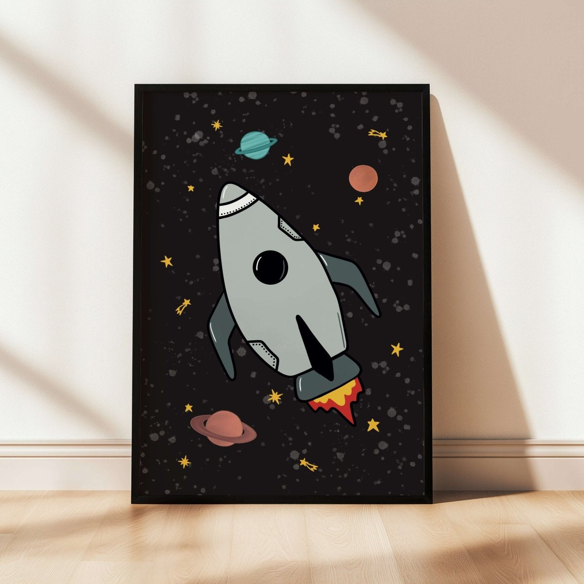 Space Rocket 1 print - black background – for children, available at Learning Bugs UK