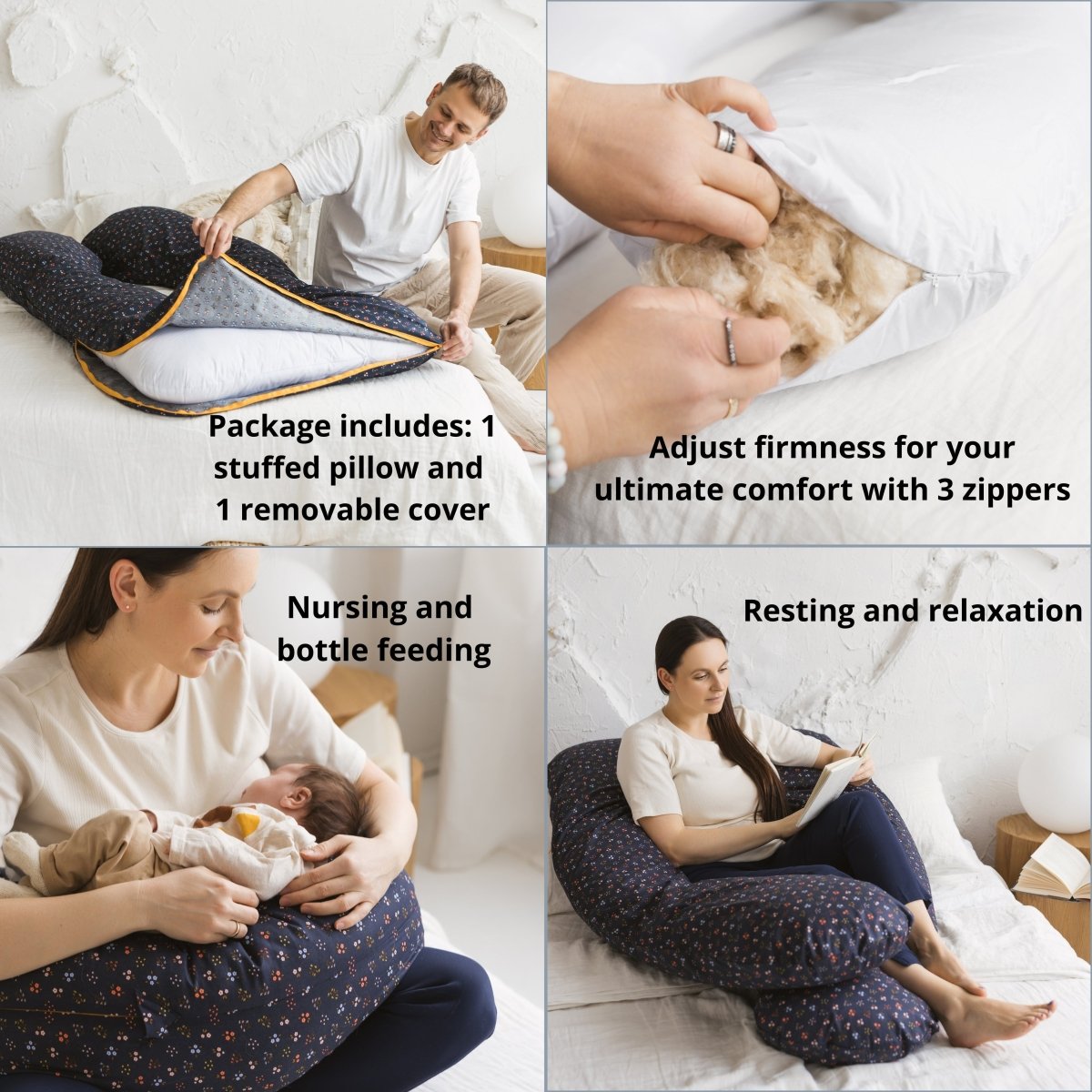 MINICAMP Comfort Pillow for Men and Women with Organic Cover in Navy Blue | Kapok & Latex Blend or PES Filling – Body Pillows U Shaped for children, available at Learning Bugs UK