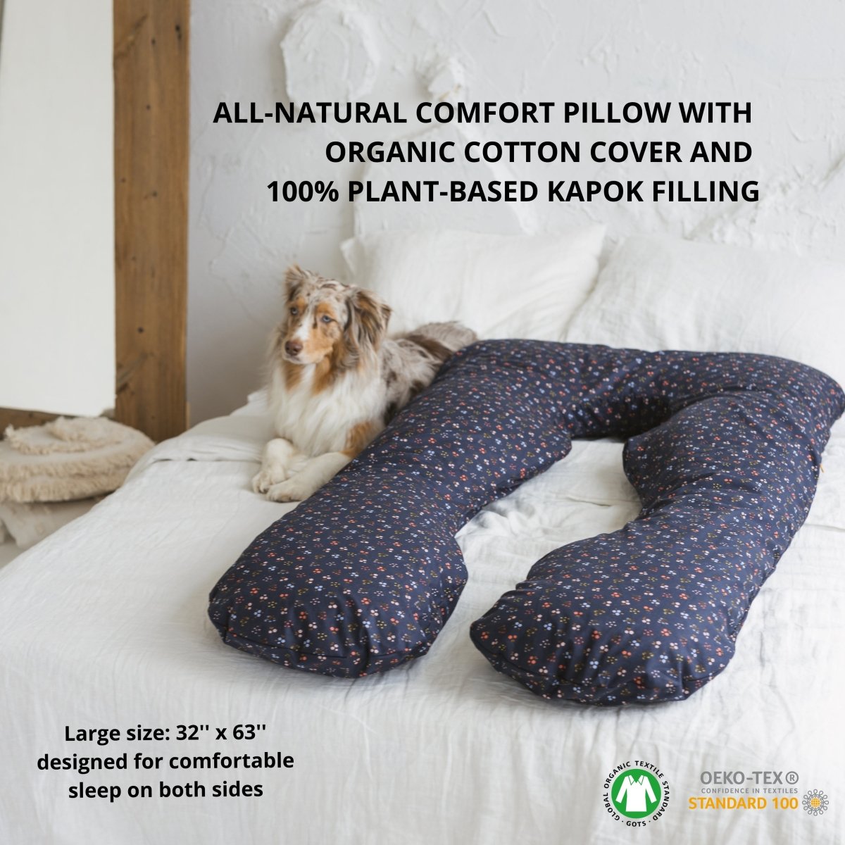MINICAMP Comfort Pillow for Men and Women with Organic Cover in Navy Blue | Kapok & Latex Blend or PES Filling – Body Pillows U Shaped for children, available at Learning Bugs UK