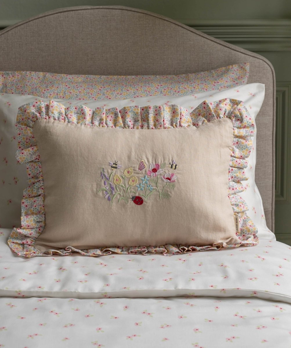 Rectangle Linen Frill Cushion - Wildflower Garden – for children, available at Learning Bugs UK
