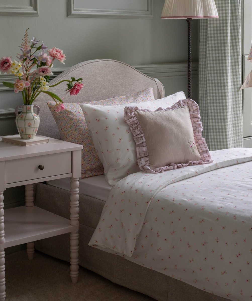 Square Linen Frill Cushion - Pink Check – for children, available at Learning Bugs UK