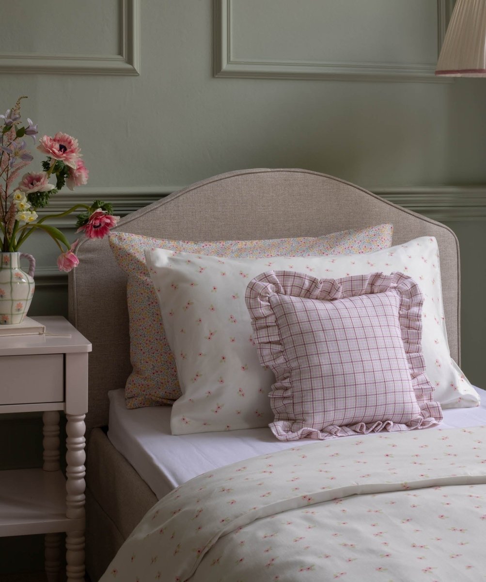 Square Linen Frill Cushion - Pink Check – for children, available at Learning Bugs UK