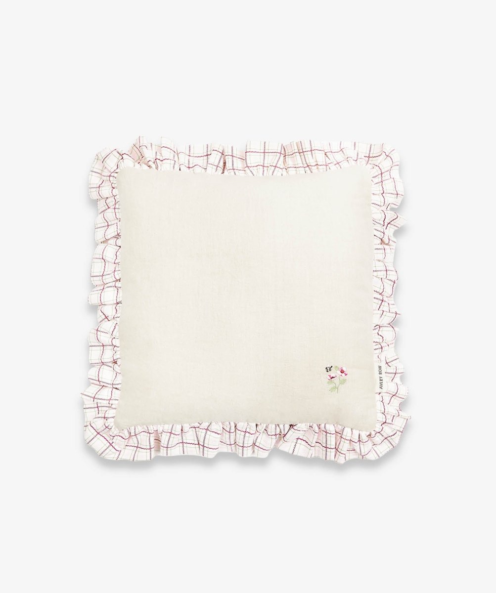 Square Linen Frill Cushion - Pink Check – for children, available at Learning Bugs UK