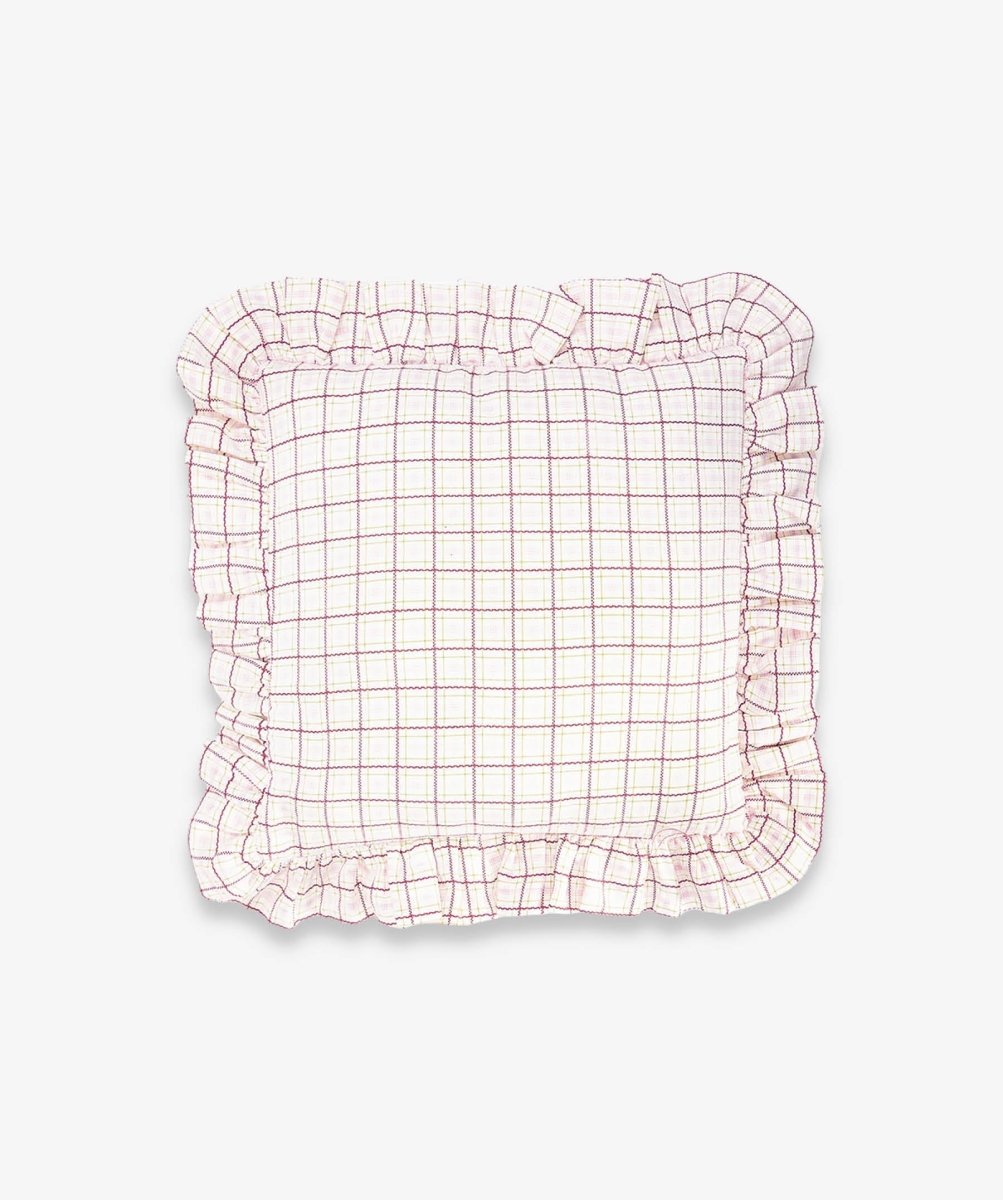 Square Linen Frill Cushion - Pink Check – for children, available at Learning Bugs UK