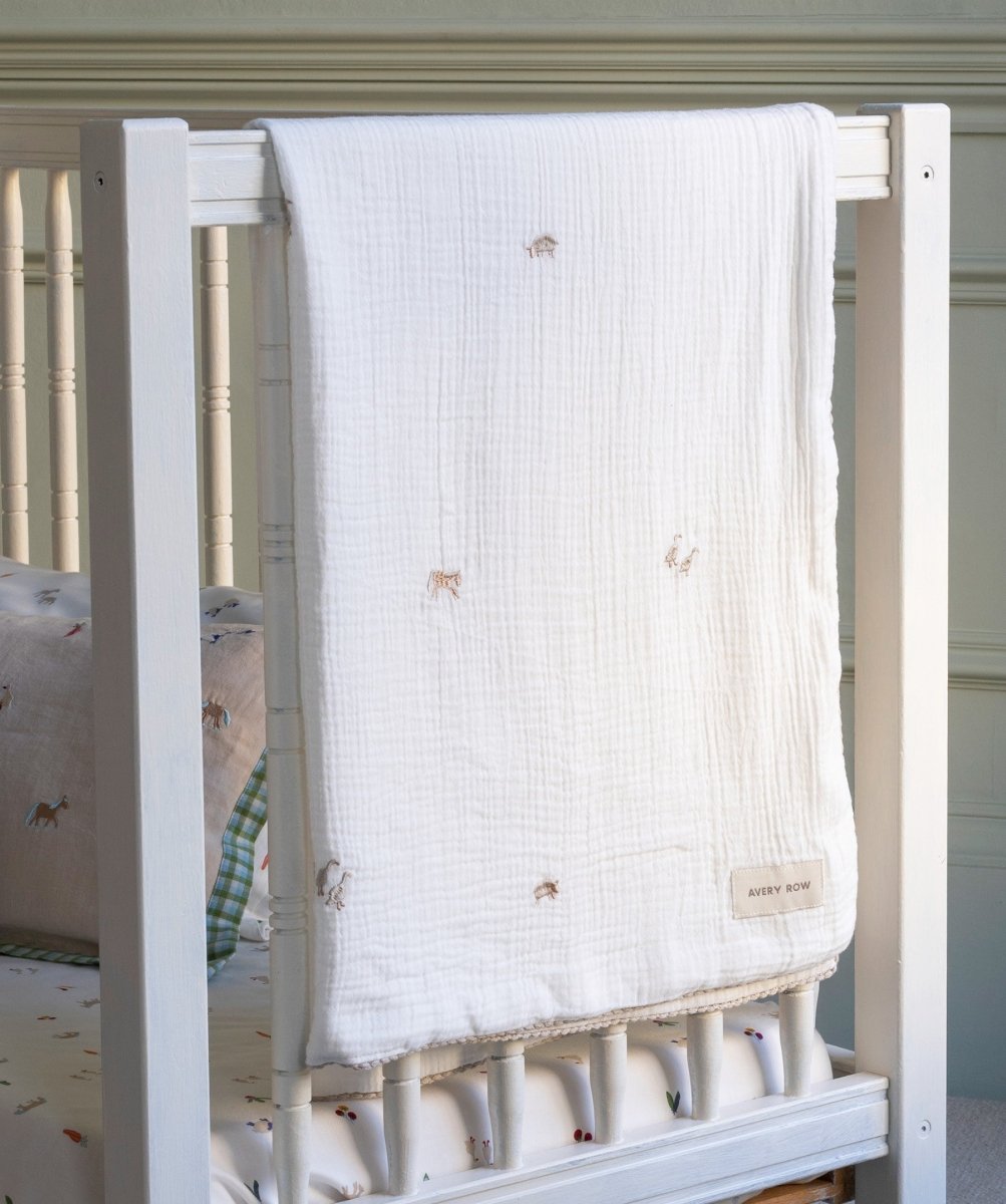Embroidered Muslin Blanket - Little Farm – Blankets for children, available at Learning Bugs UK