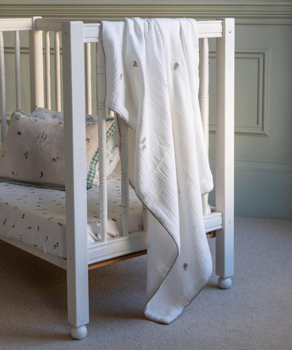 Embroidered Muslin Blanket - Little Farm – Blankets for children, available at Learning Bugs UK