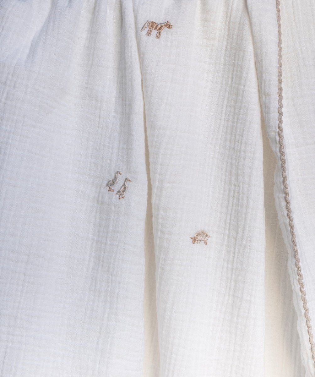 Embroidered Muslin Blanket - Little Farm – Blankets for children, available at Learning Bugs UK