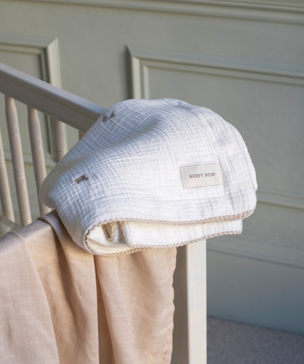 Embroidered Muslin Blanket - Little Farm – Blankets for children, available at Learning Bugs UK