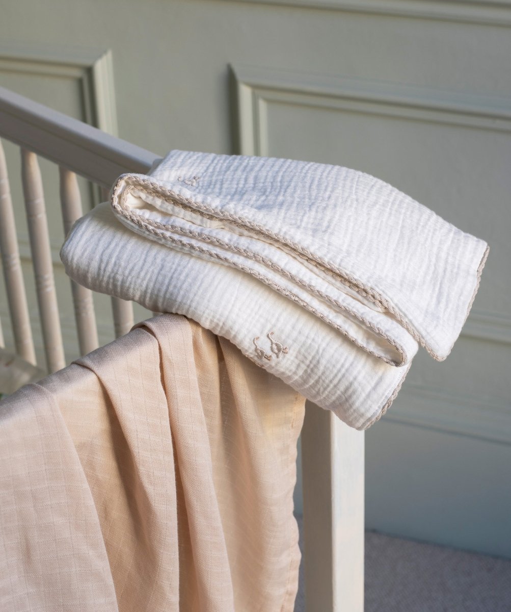 Embroidered Muslin Blanket - Little Farm – Blankets for children, available at Learning Bugs UK
