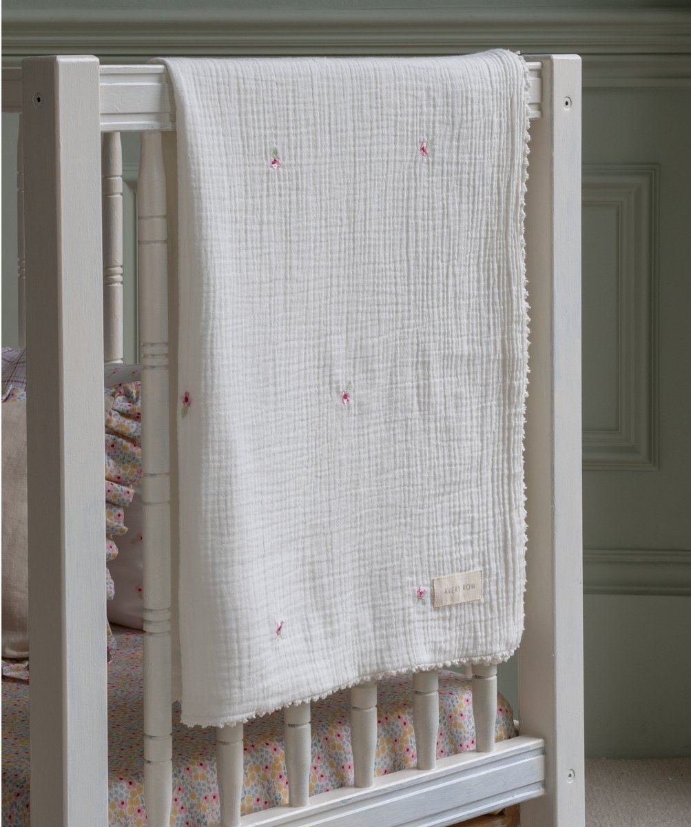 Embroidered Muslin Blanket - Anemone – Blankets for children, available at Learning Bugs UK