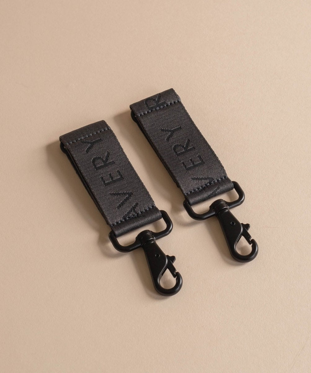 Logo Pram Bag Clips - Soft Black – Changing Bags & Travel Changing Mats for children, available at Learning Bugs UK