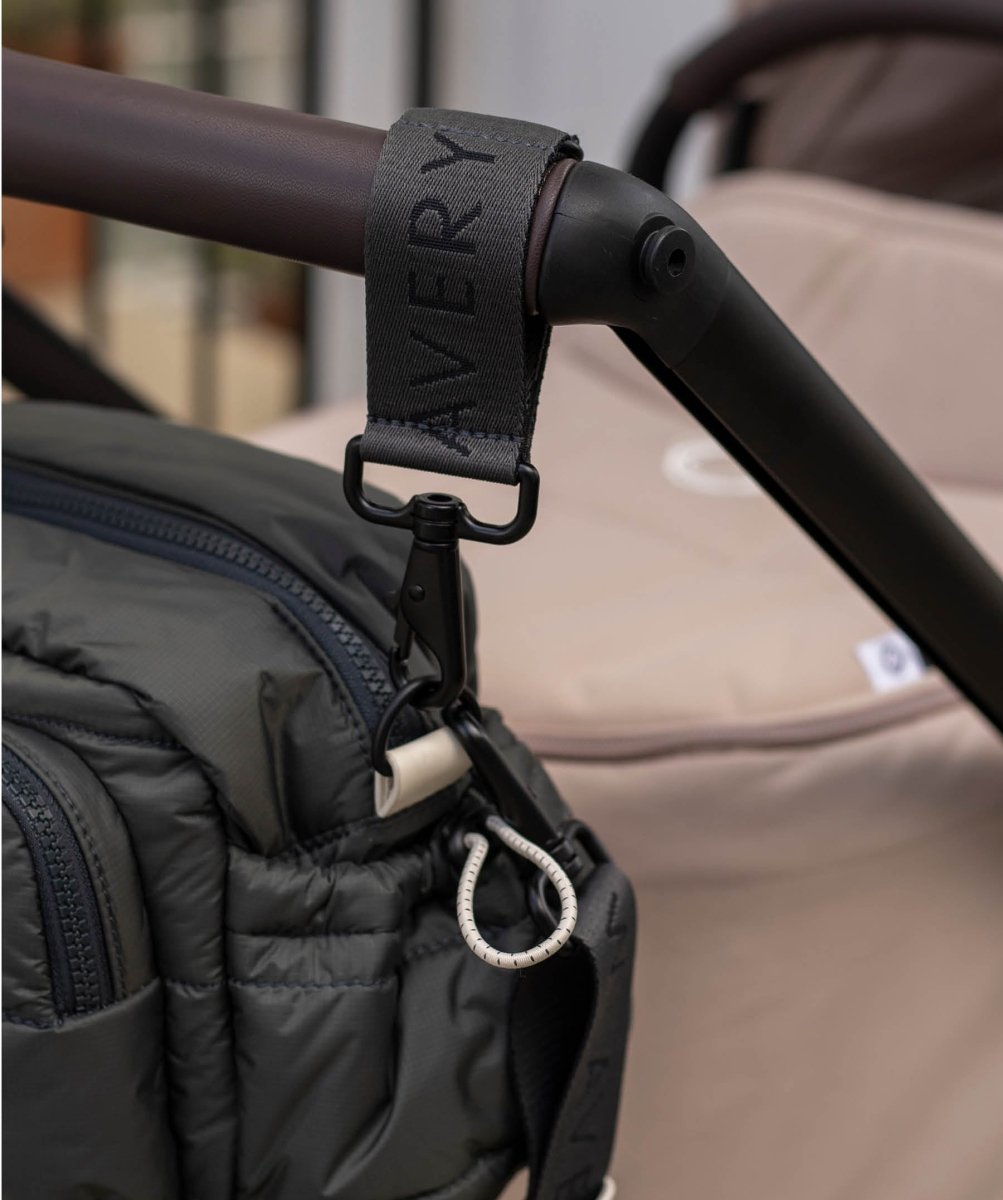 Logo Pram Bag Clips - Soft Black – Changing Bags & Travel Changing Mats for children, available at Learning Bugs UK