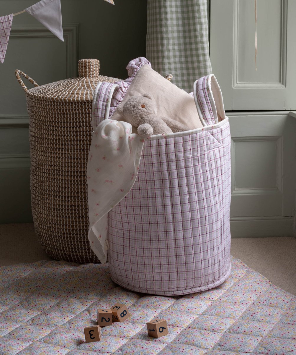 Large Quilted Storage Basket - Anemone / Pink Check – Storage for children, available at Learning Bugs UK