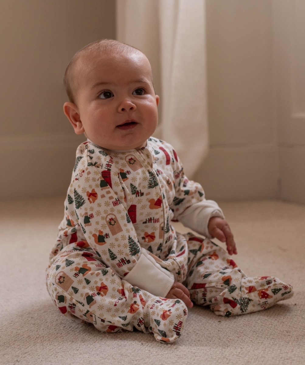 Avery Row Christmas Baby Jersey Sleepsuit - Festive Forest – Baby Clothing for children, available at Learning Bugs UK