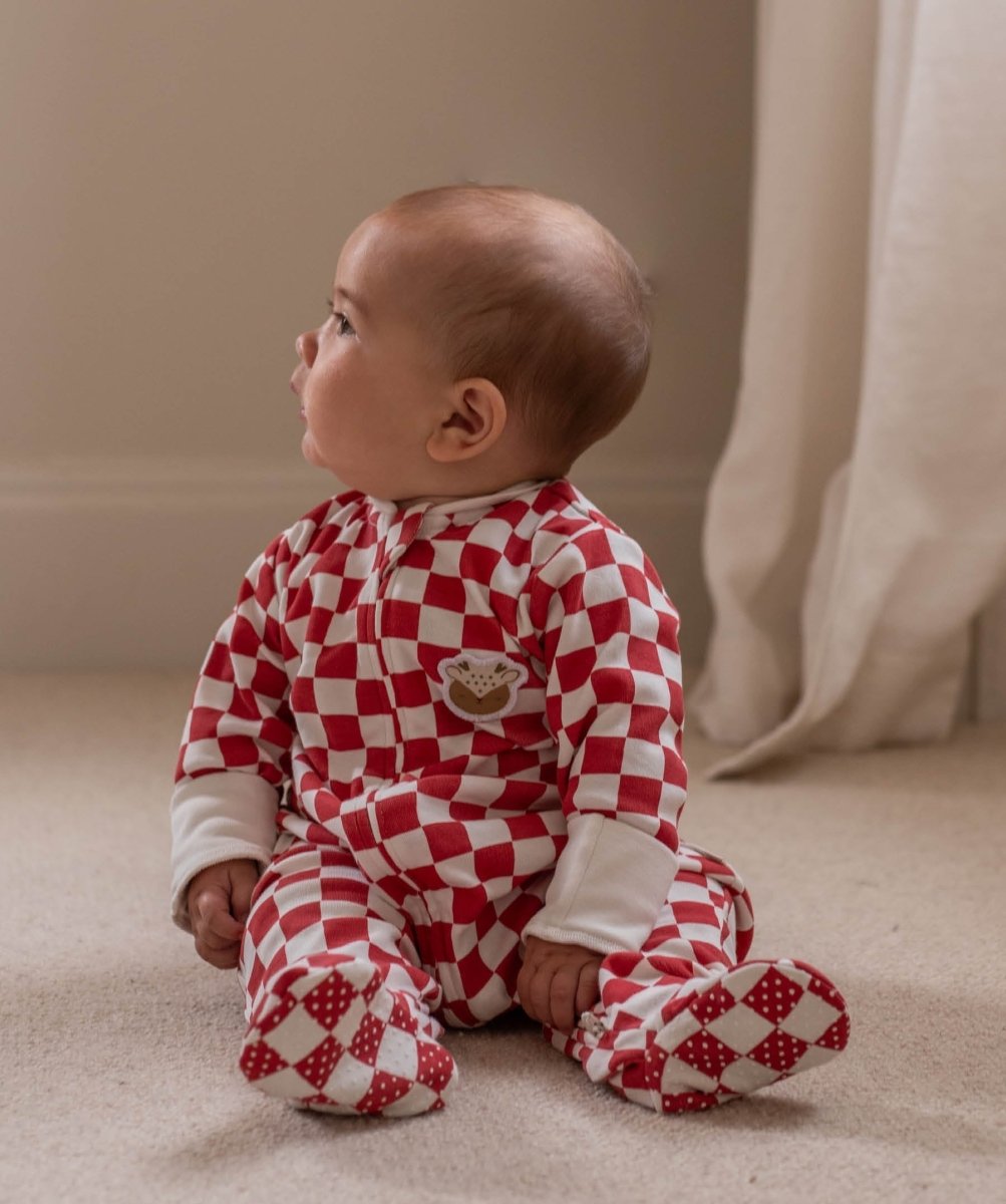 Avery Row Christmas Baby Jersey Sleepsuit - Red Checkerboard – Baby Clothing for children, available at Learning Bugs UK