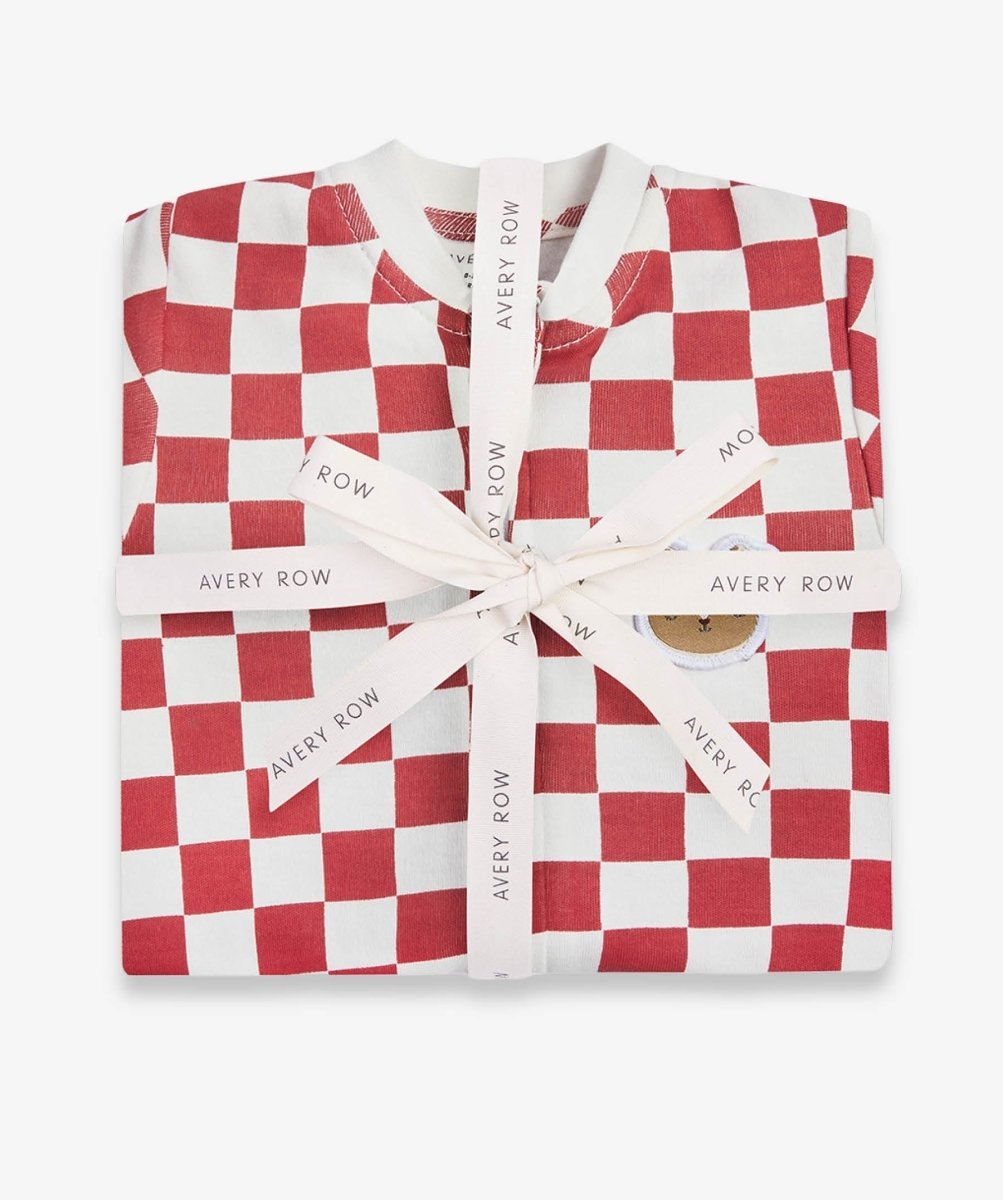 Avery Row Christmas Baby Jersey Sleepsuit - Red Checkerboard – Baby Clothing for children, available at Learning Bugs UK