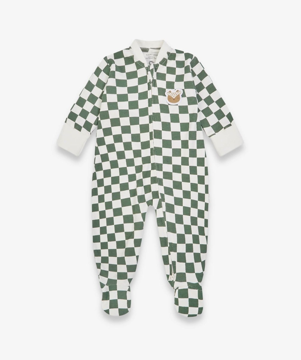 Avery Row Christmas Baby Jersey Sleepsuit - Green Checkerboard – Baby Clothing for children, available at Learning Bugs UK