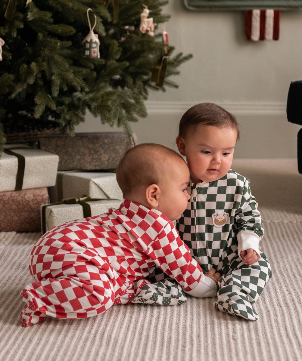 Avery Row Christmas Baby Jersey Sleepsuit - Green Checkerboard – Baby Clothing for children, available at Learning Bugs UK